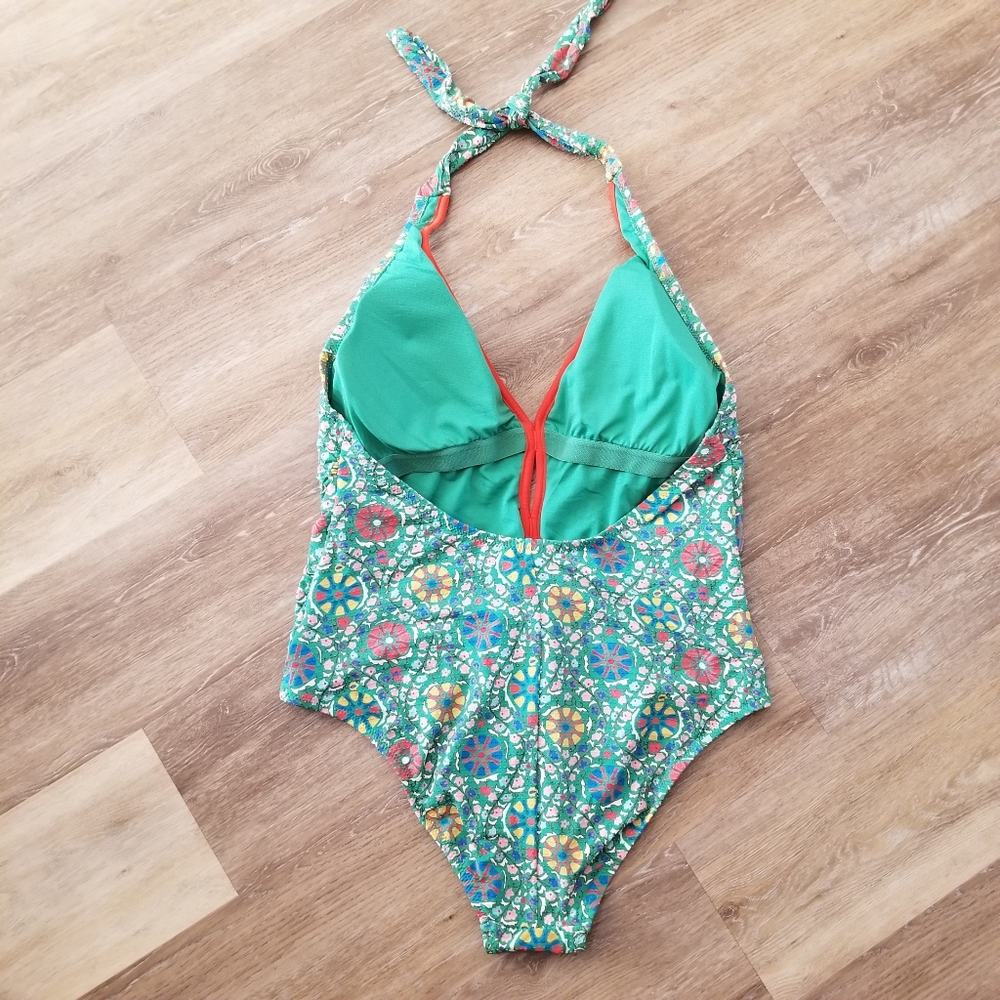 RHODE Green Multicolor Halter One-Piece Swimsuit with Orange Trim - Picture 6 of 9